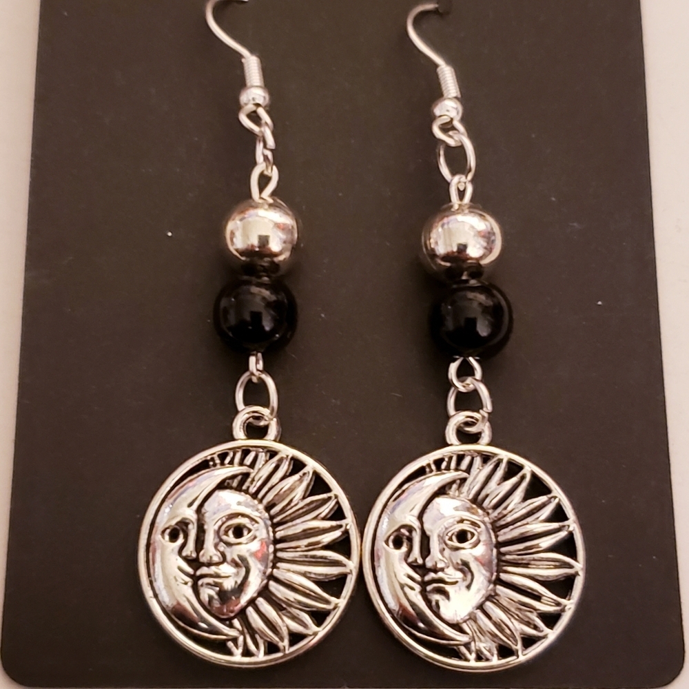 Handmade Beaded Black Silver Boho Celestial Sun and Moon Earrings
